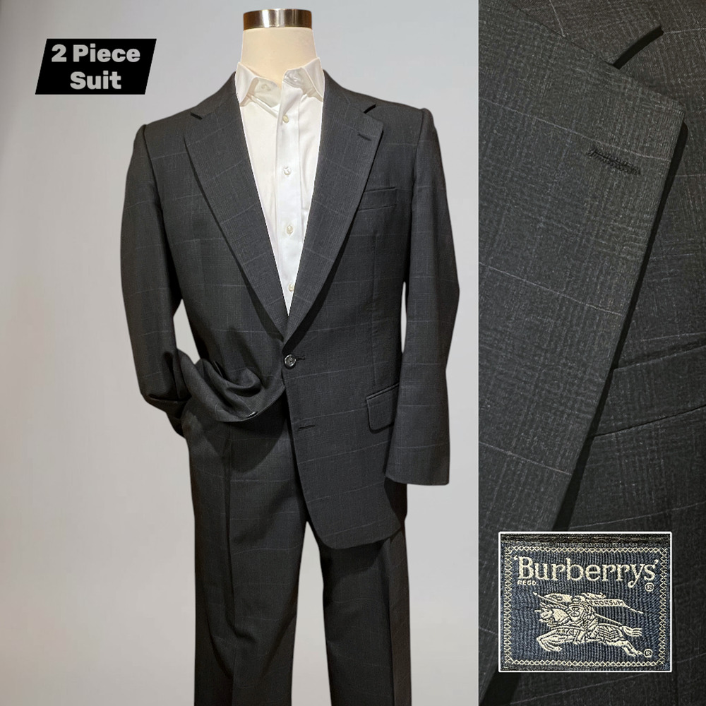 Vintage Burberrys 42-44L 38x32 Gray Purple Glen Plaid Designer Suit Note